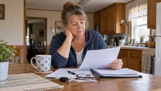 Illustrative scene of a homeowner looking through papers at a kitchen table